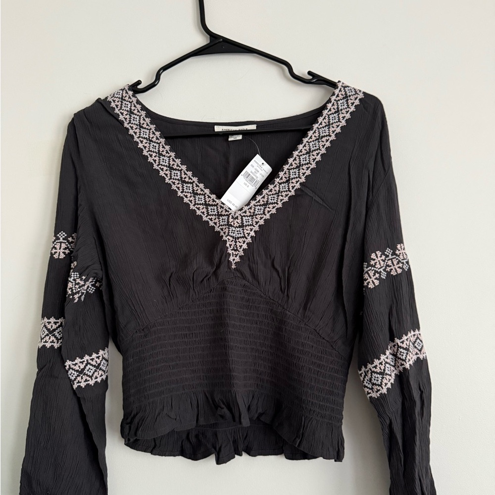 American Eagle Outfitters Black Smocked Blouse with Embellishments. Brand new